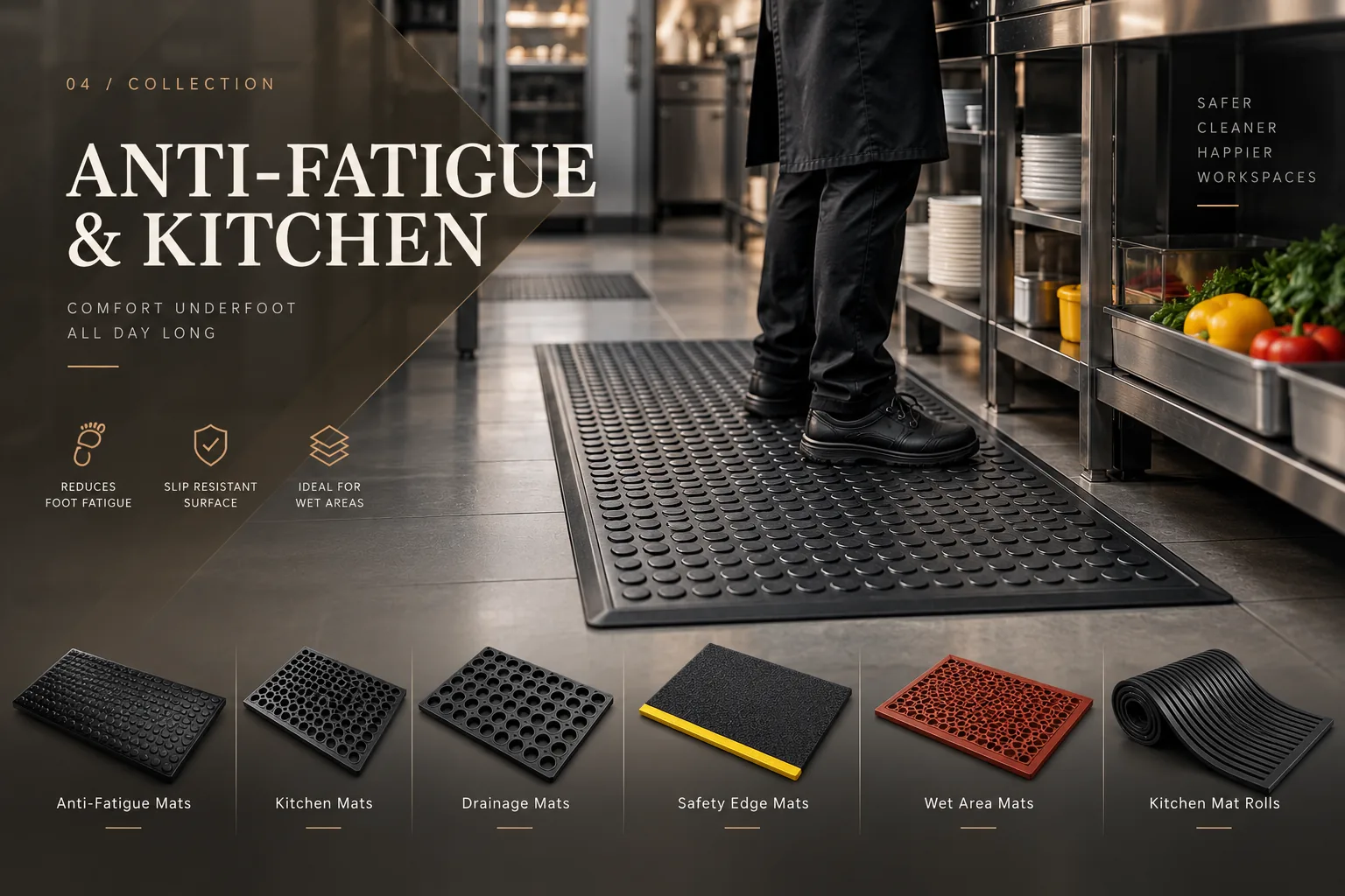 Rubber anti-fatigue mat in a commercial kitchen workspace