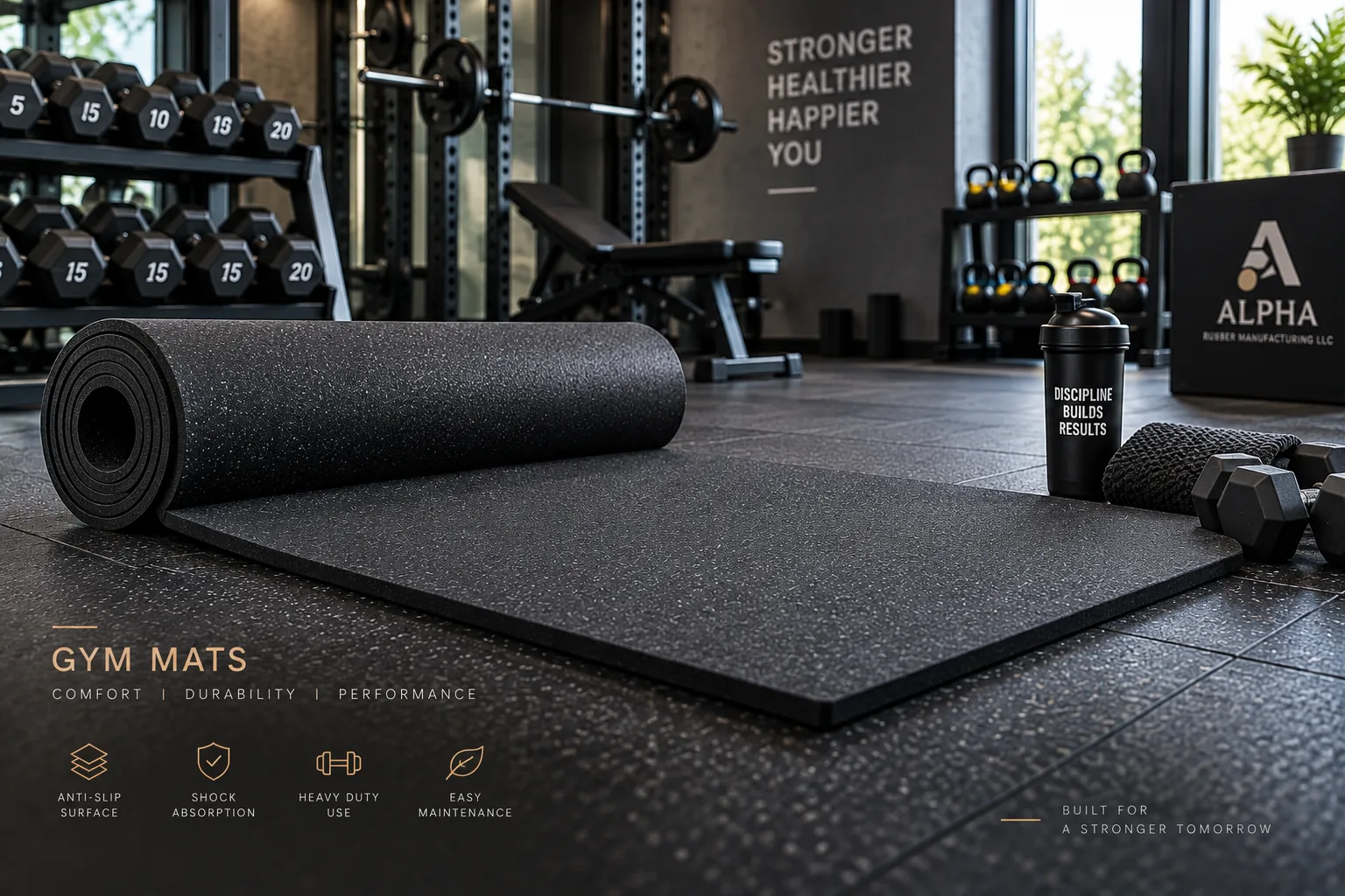 Black rubber gym floor mats installed in a UAE free-weight training area