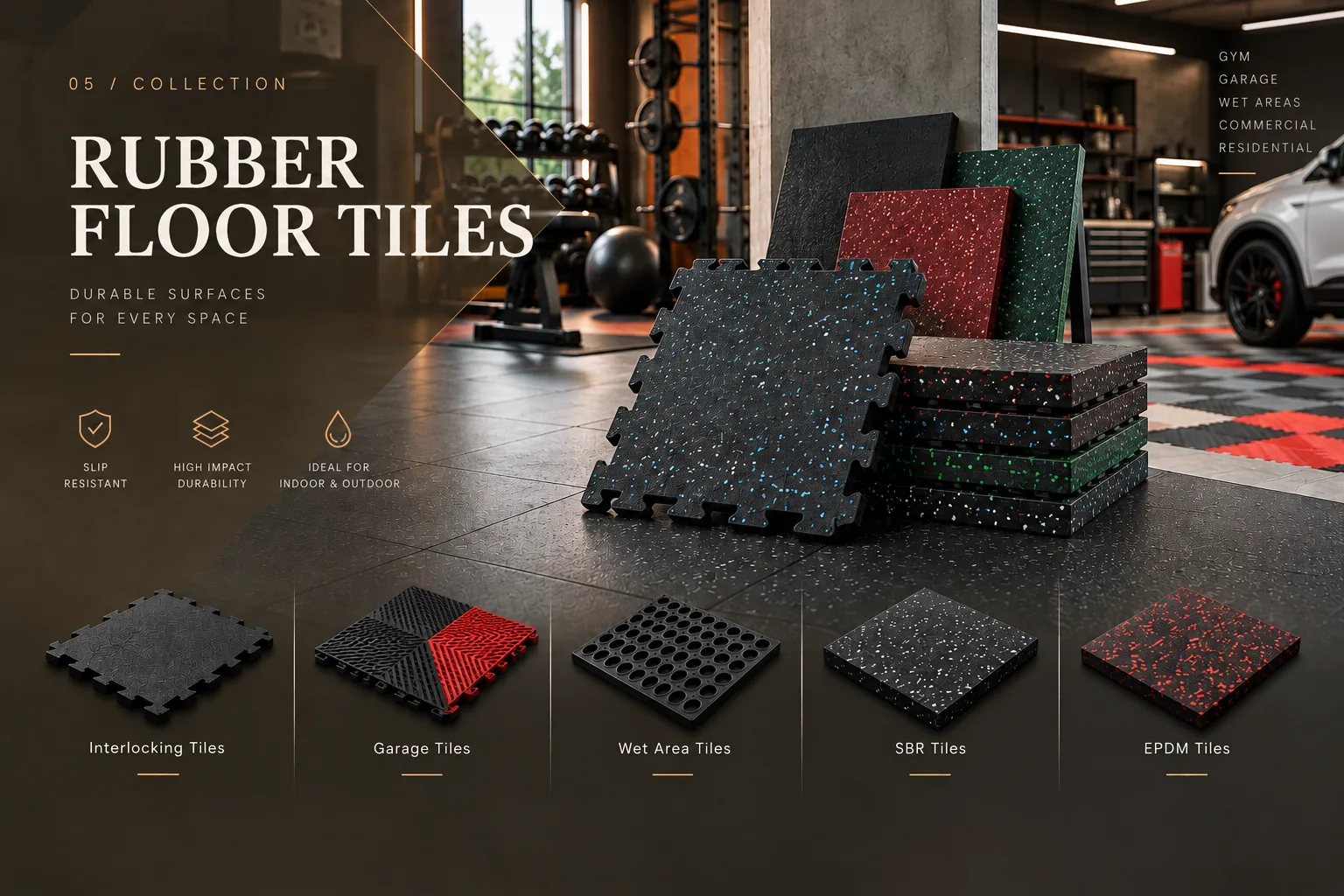 Modular rubber floor tiles
